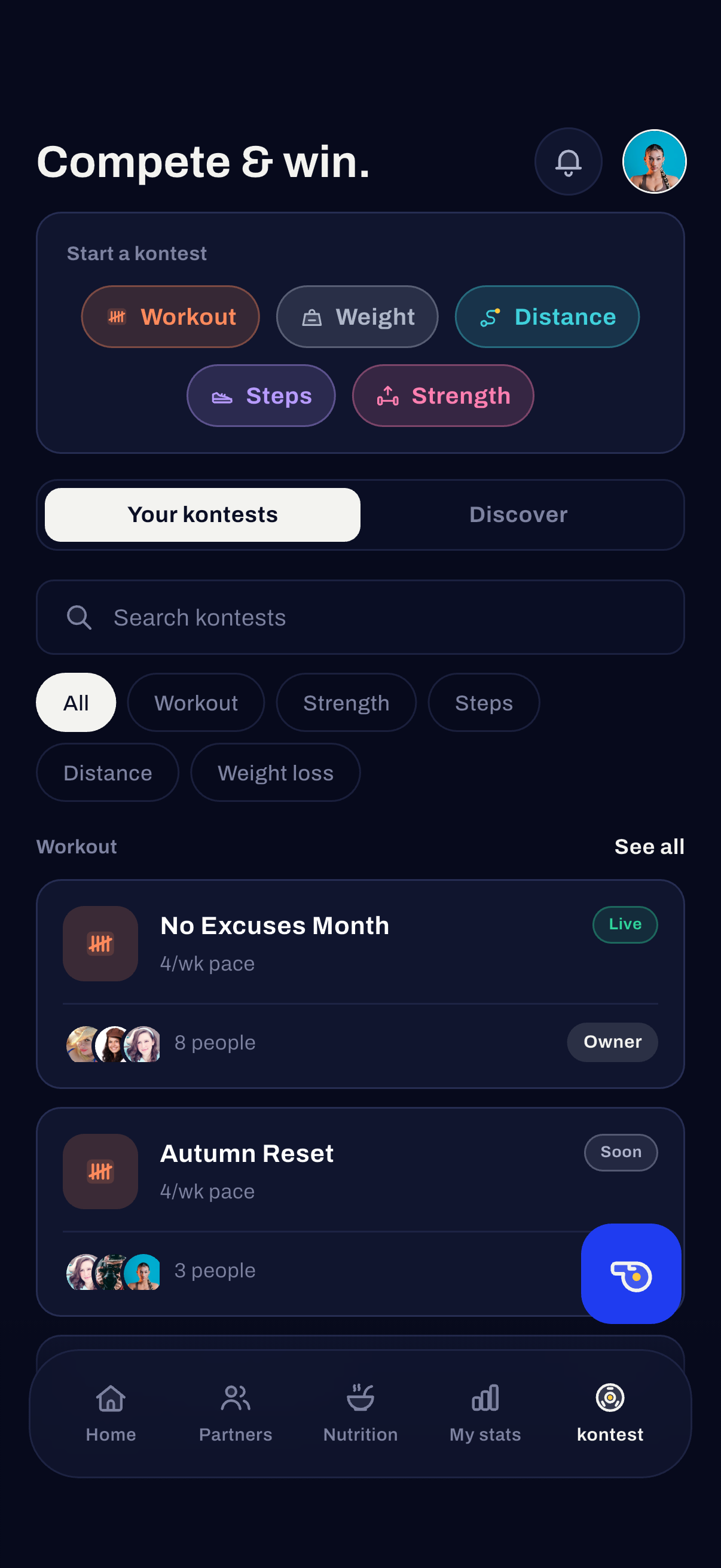 kontest’s navy Plate competition screen with five contest types and active workout kontests