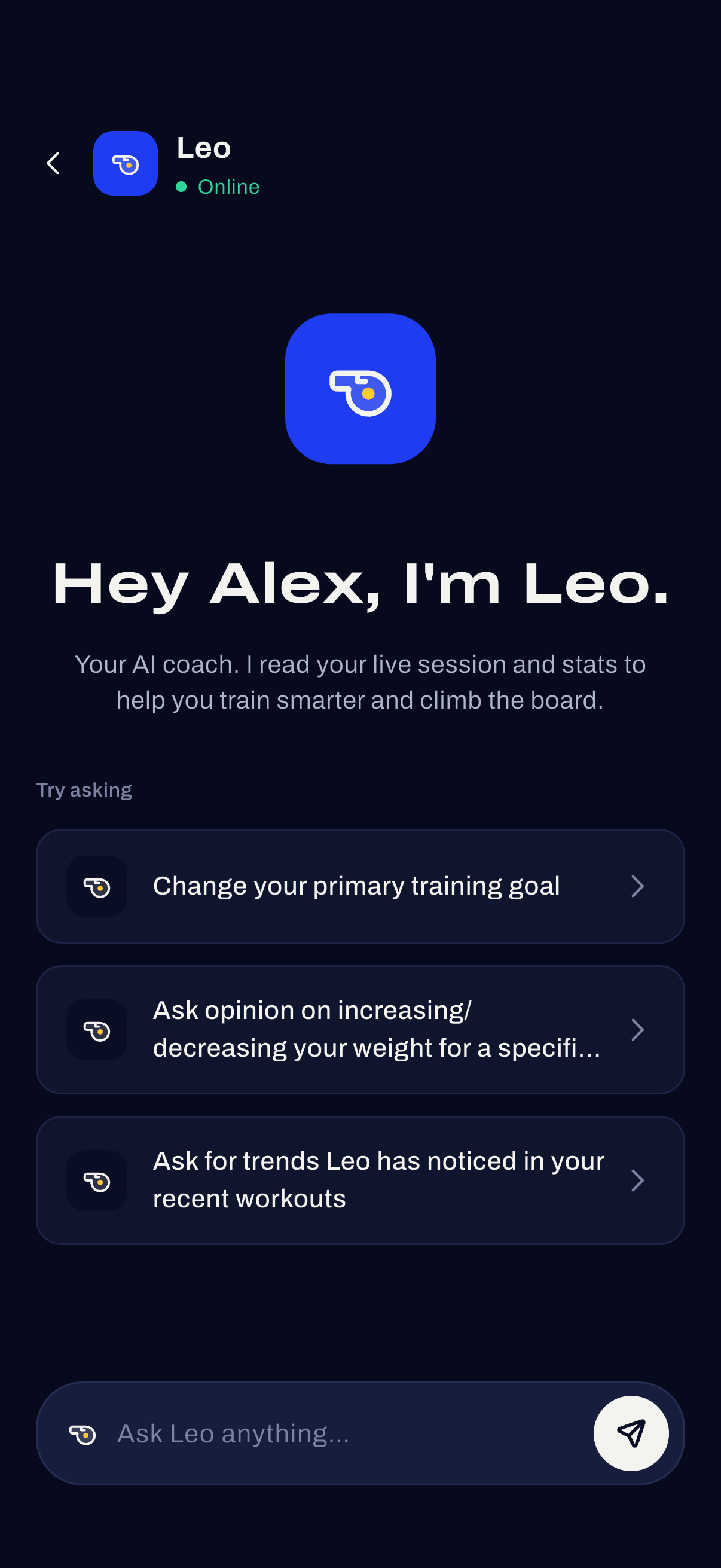 Leo’s welcome screen in kontest’s navy Plate UI, with the whistle icon, suggested questions, and an empty message field