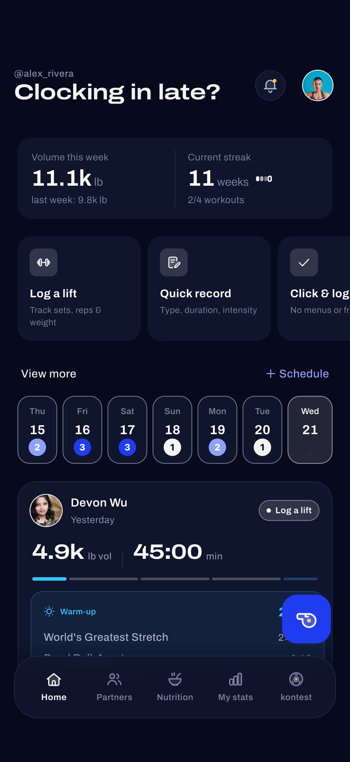 kontest Home dashboard with workout recording entry points and the activity feed