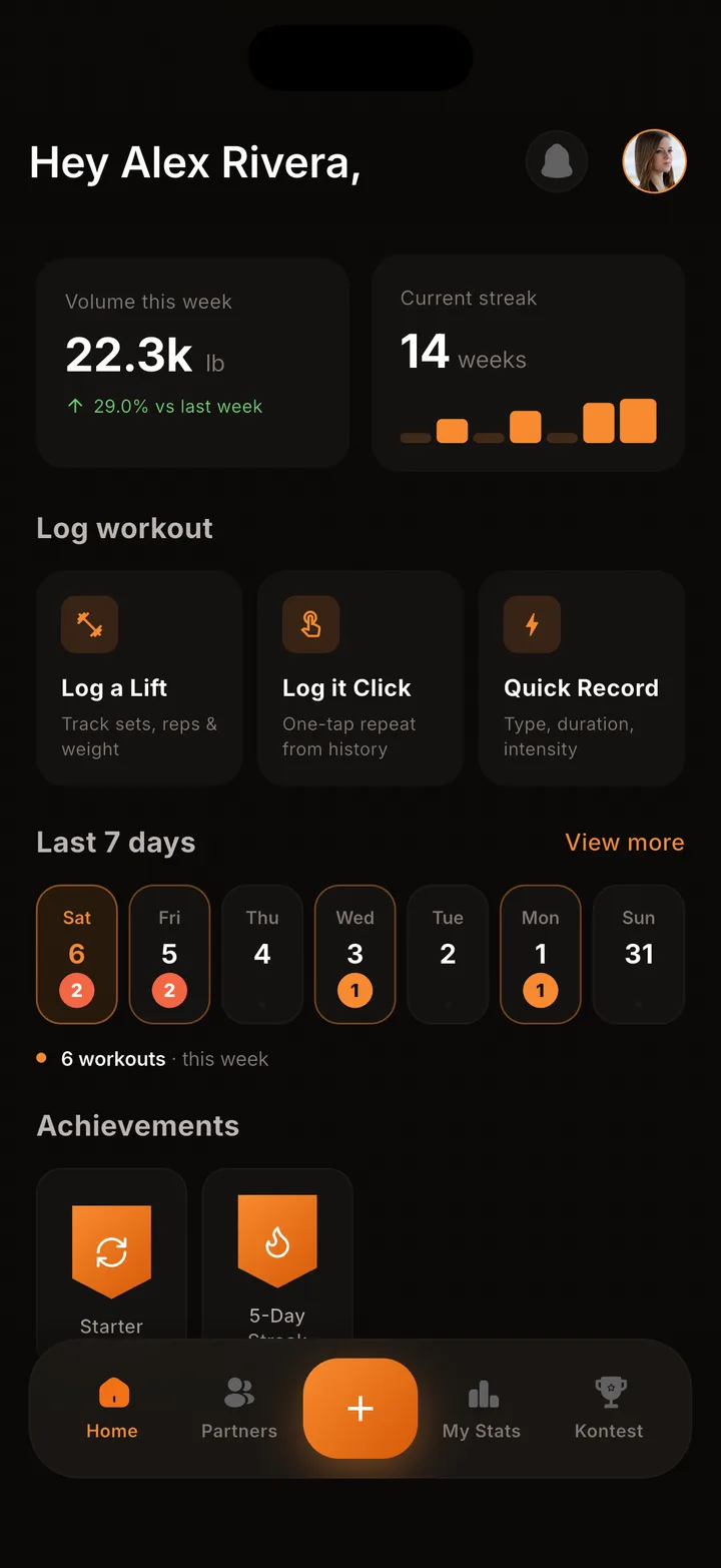 The Kontest app home screen, showing weekly training volume, a 14-week streak, three ways to log a workout (Log a Lift, Log it Click, Quick Record), and a 7-day activity strip