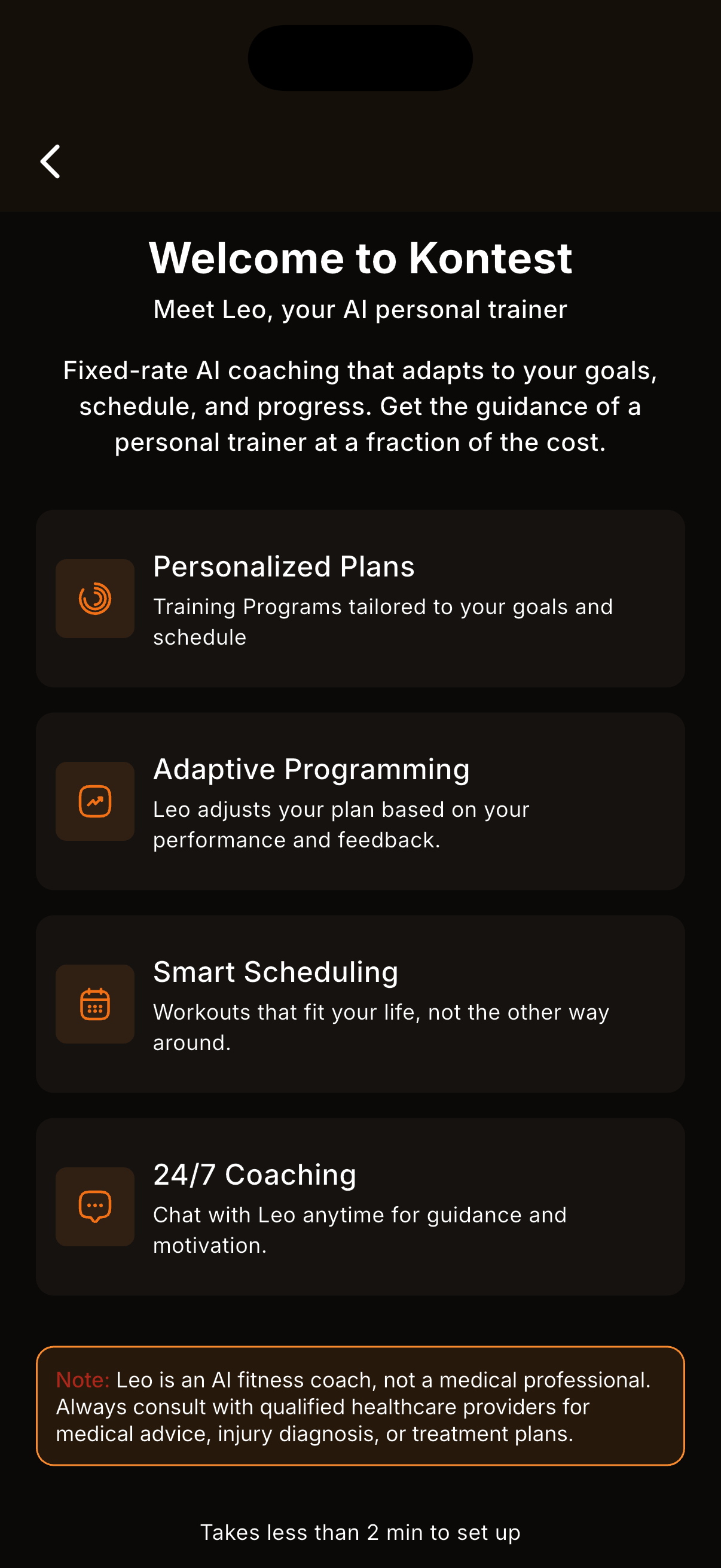 kontest welcome screen introducing Leo the AI personal trainer with four coaching benefits and a get started button