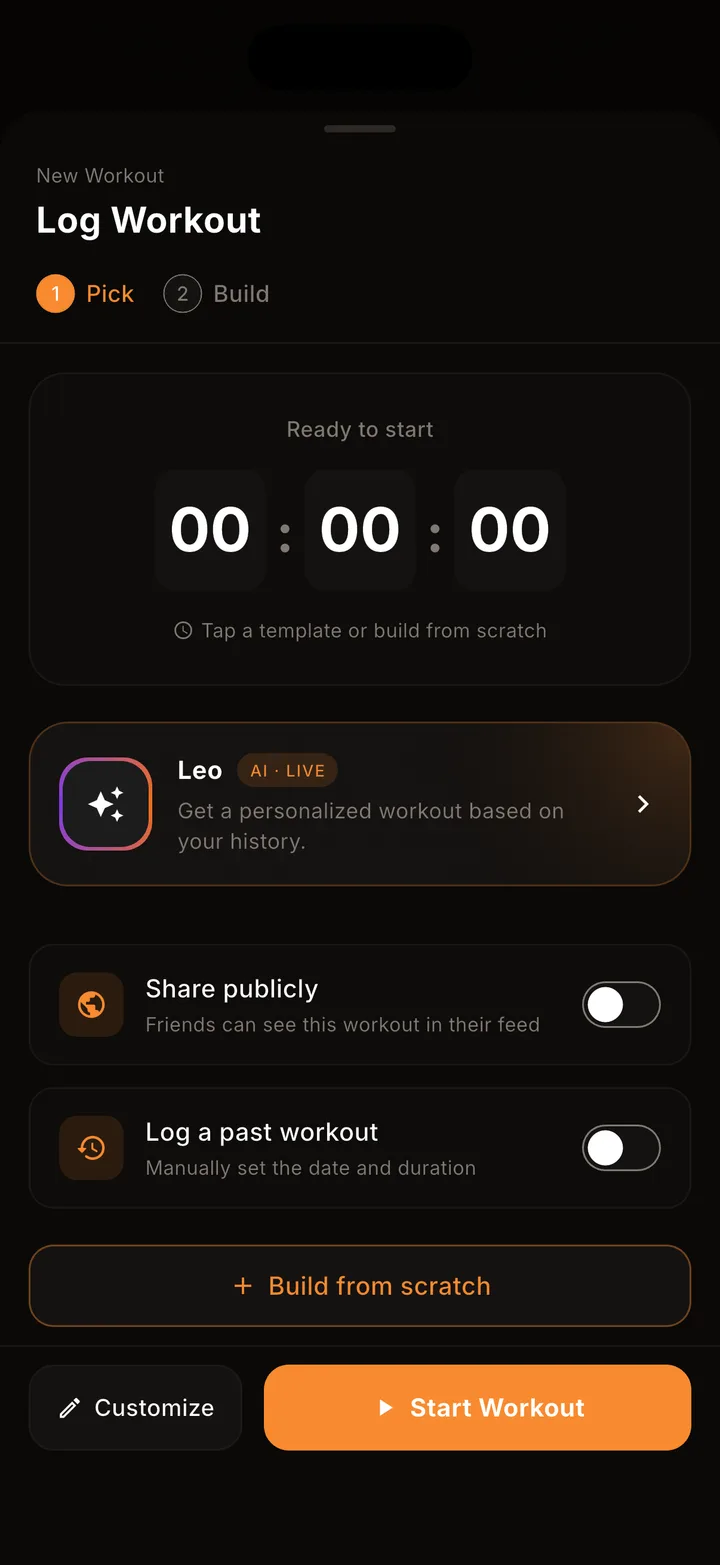 The Kontest Log Workout screen on the Pick step, showing options to generate a workout with Leo AI, start from a template, or build from scratch