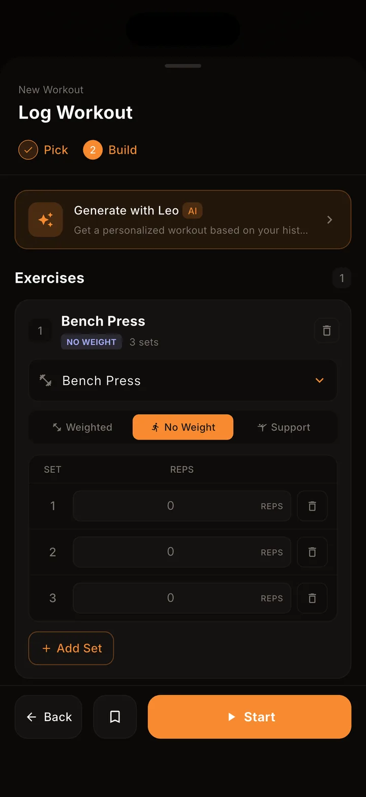 The Kontest Log Workout Build step, showing Bench Press added as the first exercise with 3 sets, an Add Set button, and a Generate with Leo AI option for a personalized workout