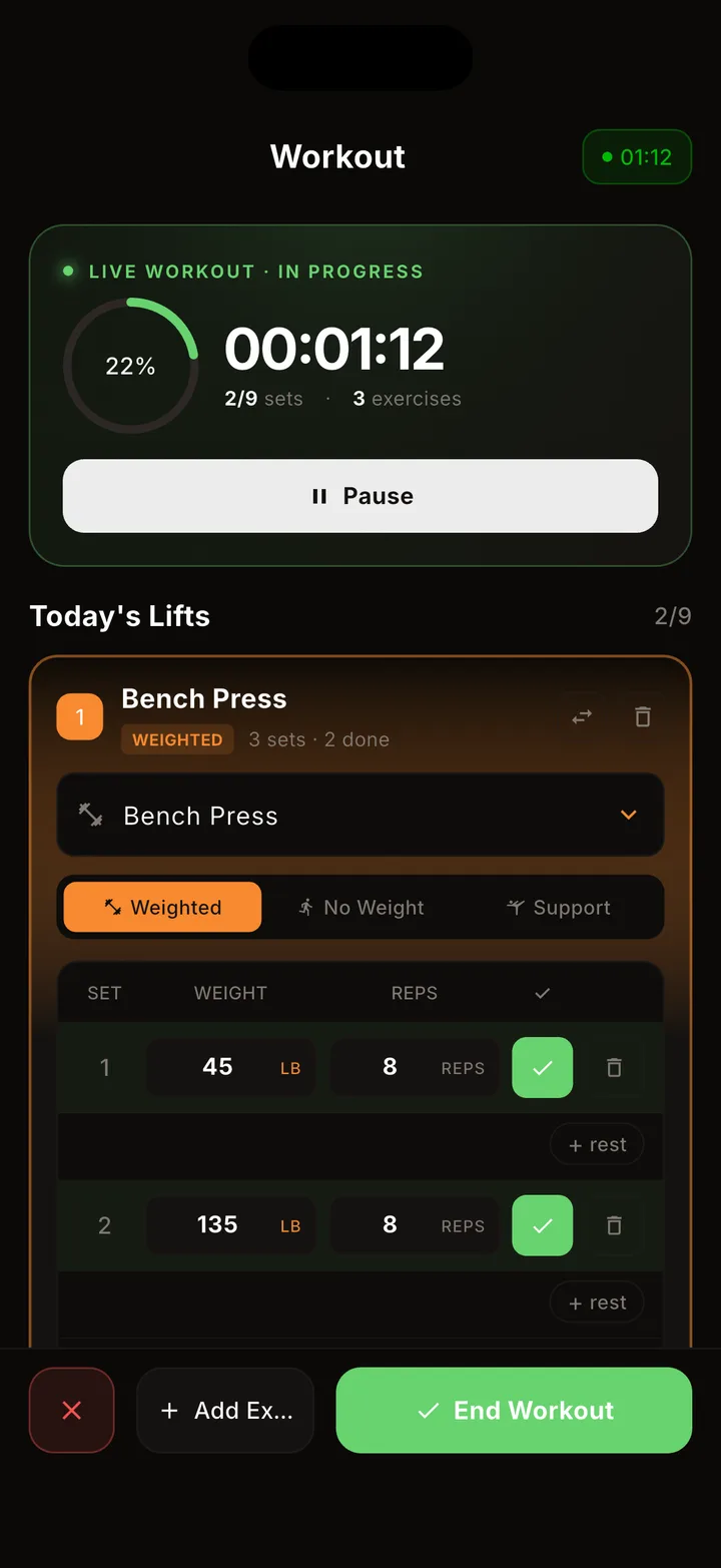The Kontest live workout screen mid-session, showing a Bench Press set with weight and reps logged and a green checkmark to confirm the set.