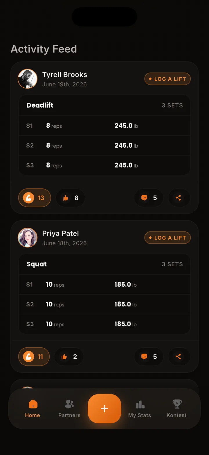 kontest activity feed showing workout updates from training partners