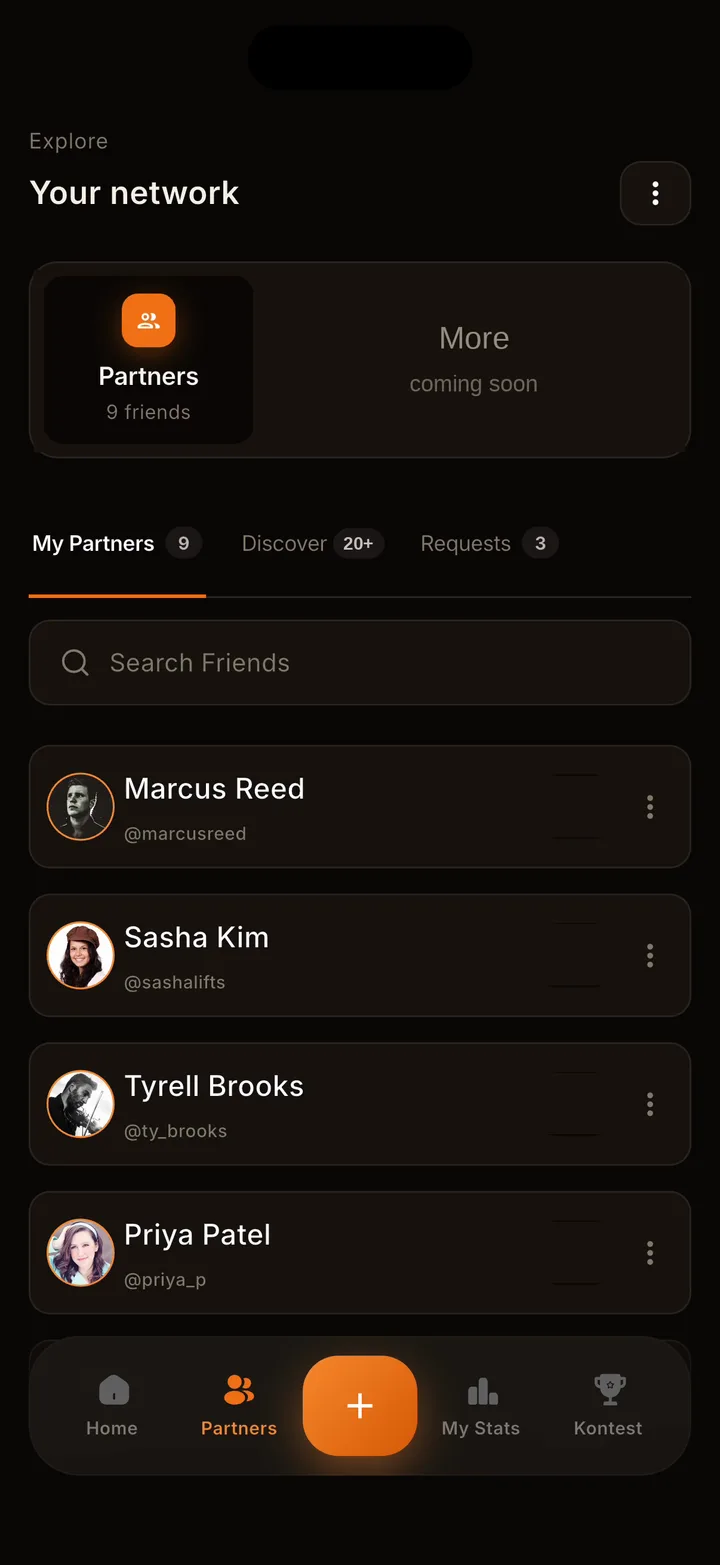 The Kontest app's Partners screen under Explore, showing a list of training partners including Marcus Reed, Sasha Kim, Tyrell Brooks, and Priya Patel, with tabs for My Partners, Discover, and Requests