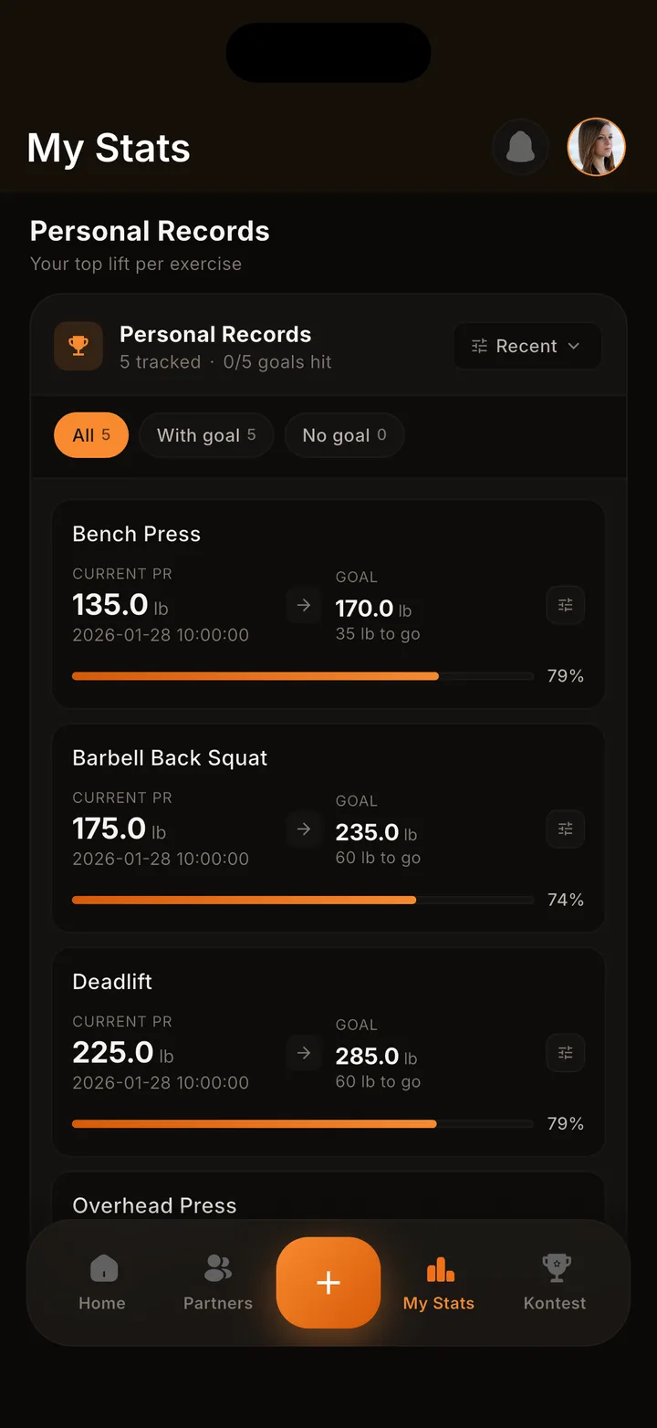 kontest personal records screen tracking progress across lifts