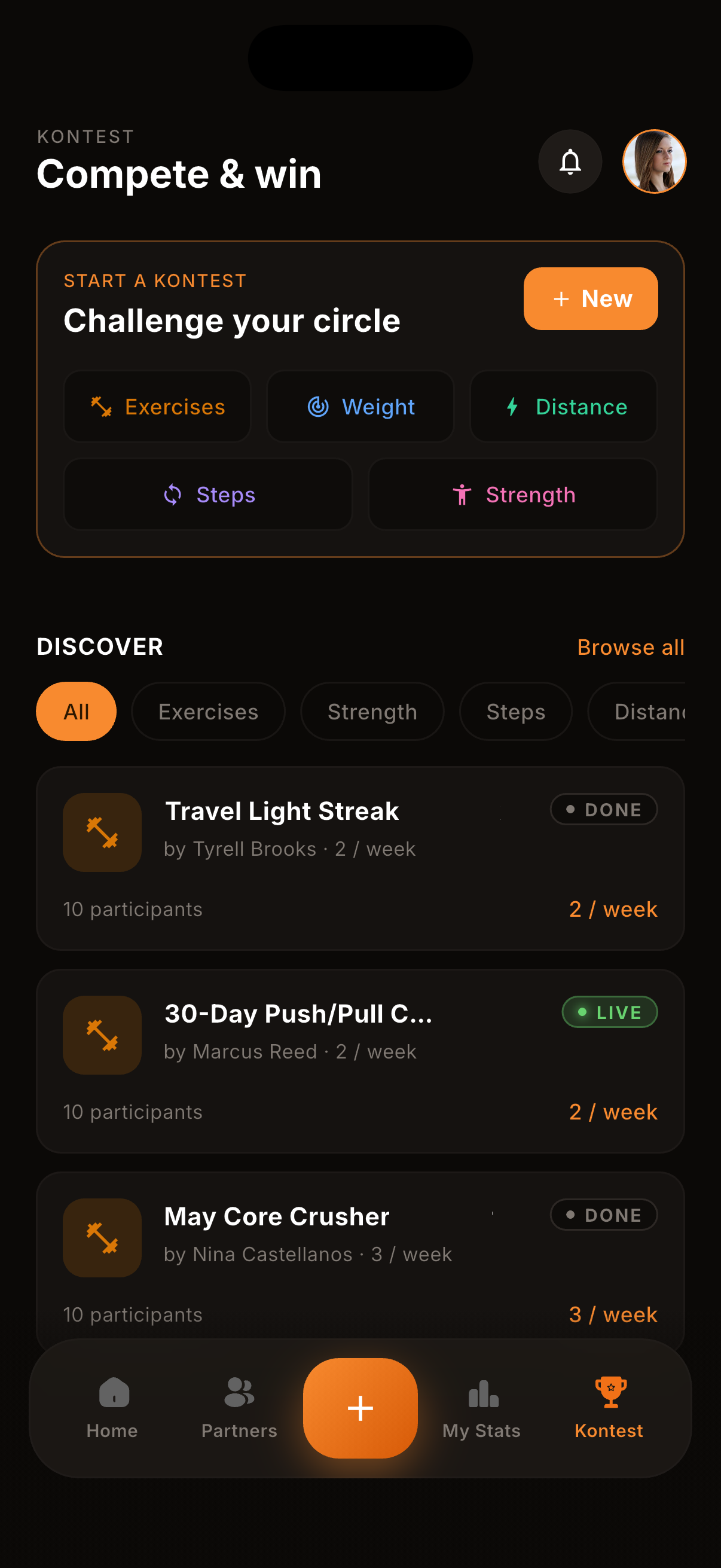 kontest compete screen showing the five challenge types, active and ended kontests, and a live ranking placing the user second of ten