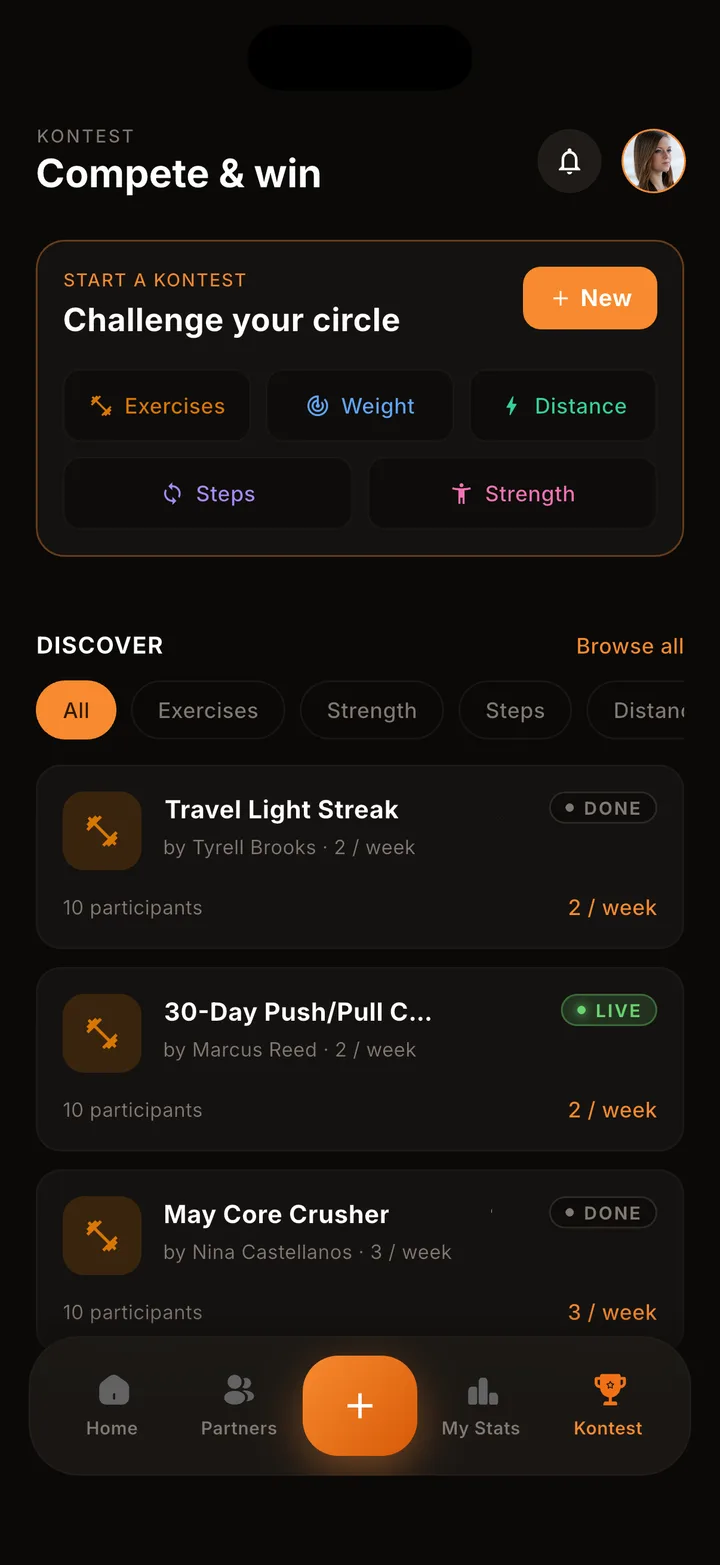 kontest fitness challenge screen showing five challenge types and live rankings