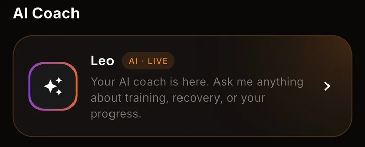 The Kontest AI Coach card on the home screen, showing Leo with an "AI · LIVE" badge and the prompt "Your AI coach is here. Ask me anything about training, recovery, or your progress."
