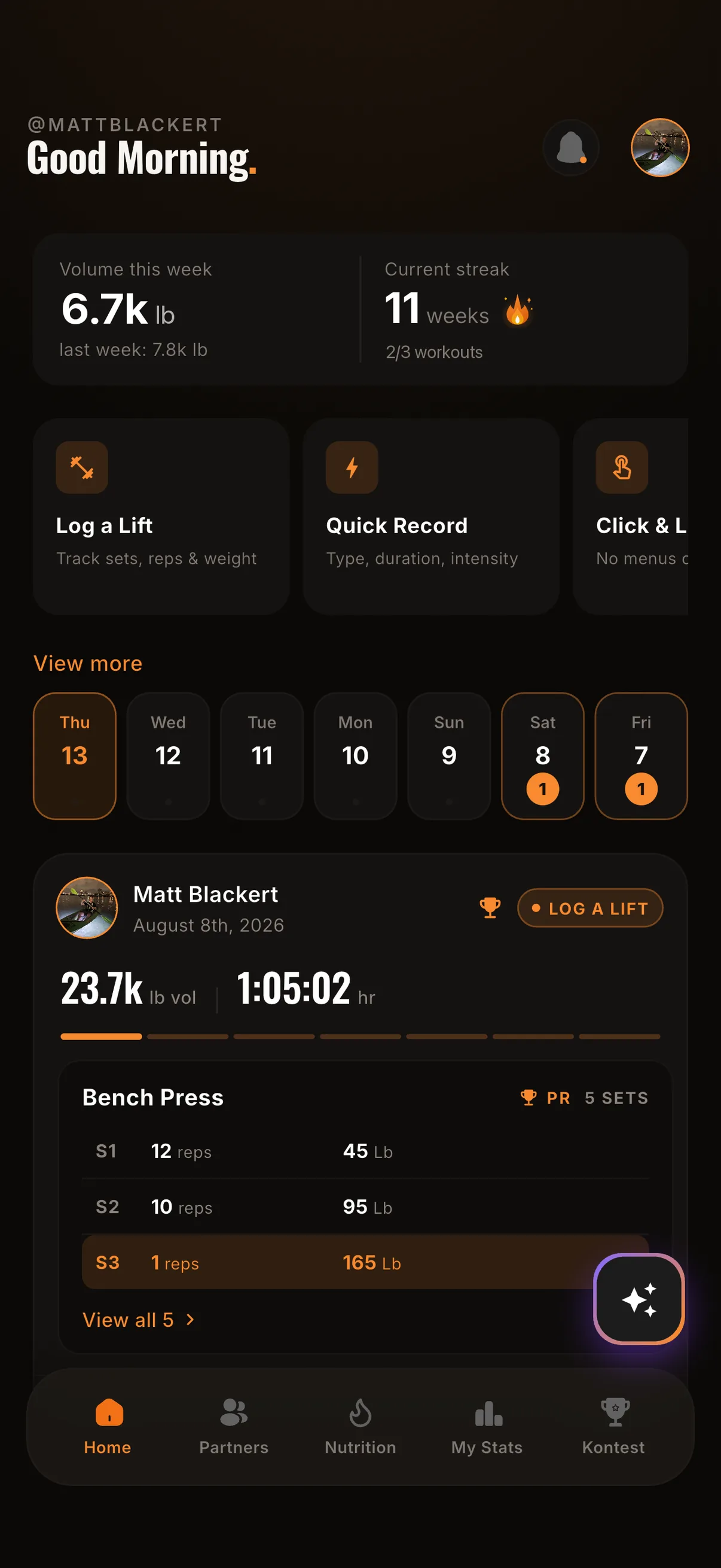 The Kontest home dashboard showing this week's training volume and an 11-week current streak, with a 7-day activity strip to log a rest day without breaking it.
