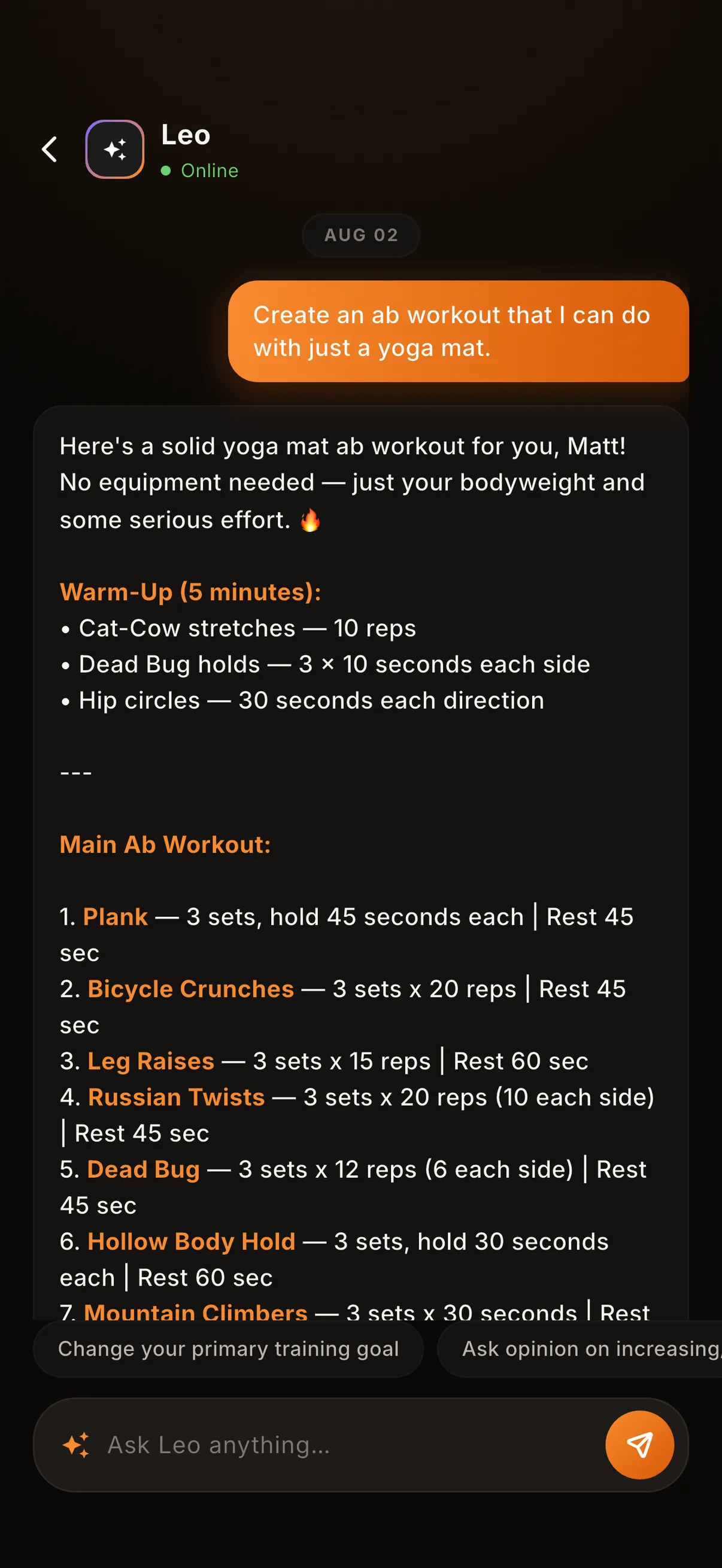kontest chat with Leo the AI personal trainer building a yoga-mat ab workout with a warm-up and seven exercises with sets, reps, and rest