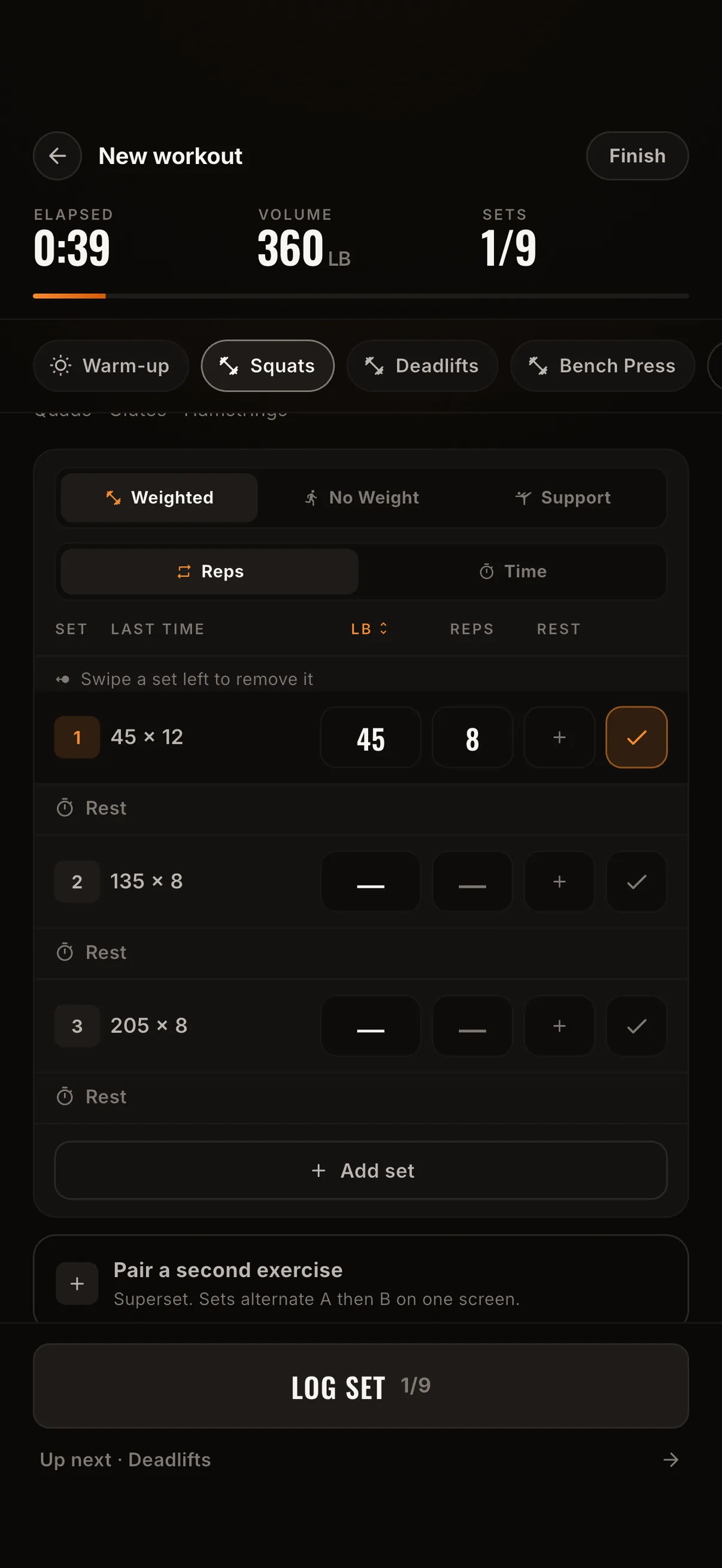 kontest workout builder mid-session showing squats with weighted, no-weight, and support toggles, last-time set references, and a log set button